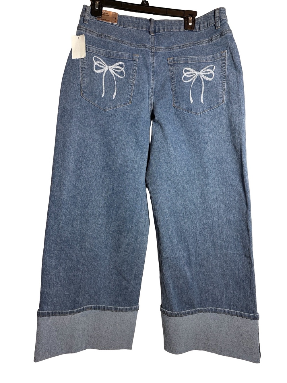 Light Blue Wide Leg Cuff Jeans with Bows Embrod Strechy - Madden Girl Runs Big - Picture 5 of 5